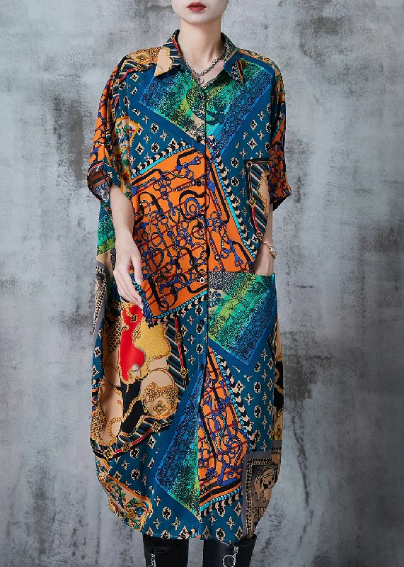 Peacock Blue Print Chiffon Shirt Dress Oversized Summer Soft Cotton Shirt
