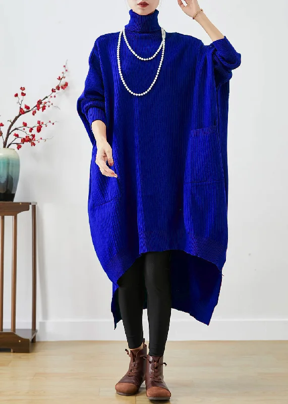 Blue Oversized Knit Sweater Dress Turtle Neck Asymmetrical Batwing Sleeve Knit Dress Chic Blue Oversized Knit Sweater Dress Turtle Neck Asymmetrical Batwing Sleeve Knit Dress Chic