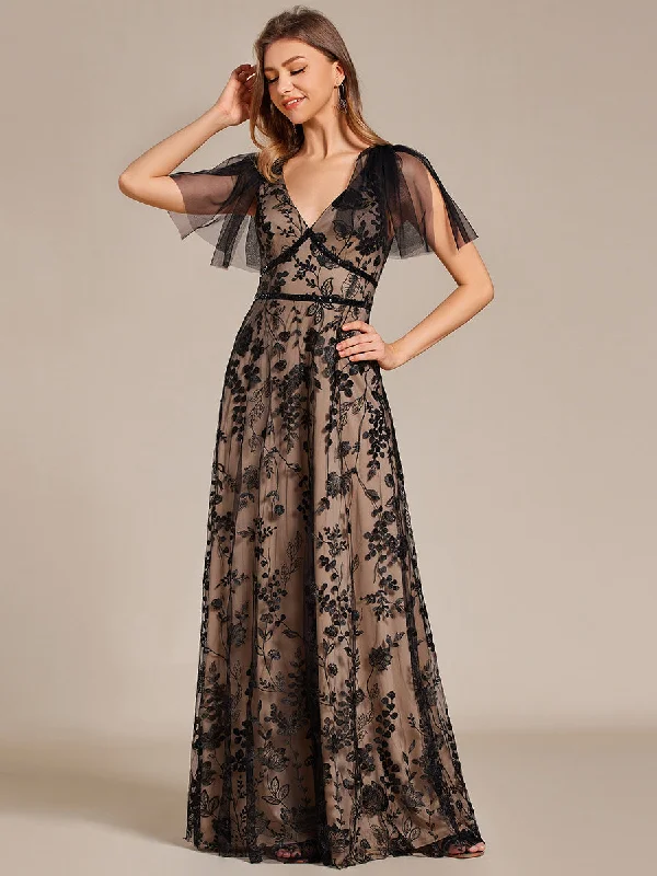 Elegant Embroidery Deep V-Neck Ruffles Short Sleeves Tulle Dresses with Lining Tulle Ball Gown Elegant Embroidery Deep V-Neck Ruffles Short Sleeves Tulle Dresses with Lining Tulle Ball Gown