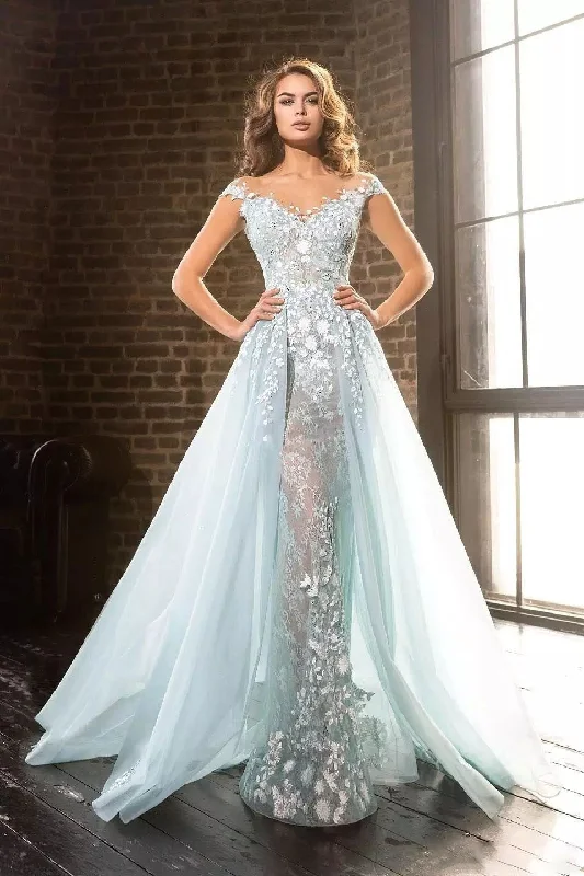 Ethereal Romantic Floor-length V-neck Lace Tulle A-Line Cap Sleeveless Zipper Deep-V Back Appliques Prom Evening Dress-334057 Tulle Dress Look