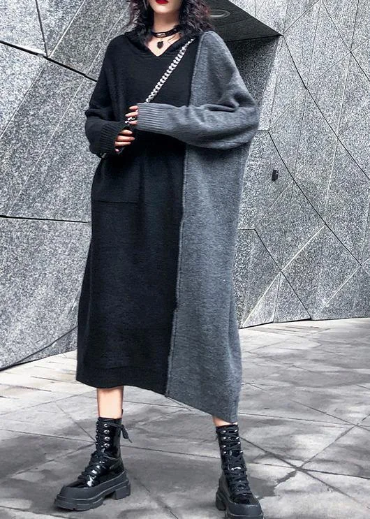 Comfy hooded patchwork Sweater outfits Largo black sweater dresses Sweater Dress Details Comfy hooded patchwork Sweater outfits Largo black sweater dresses Sweater Dress Details
