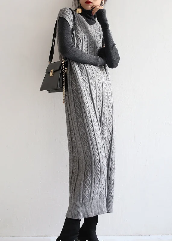Modern Grey V Neck Cable Long Knit Waistcoat Sweaters Dress Fall Classic Sweater Dress Modern Grey V Neck Cable Long Knit Waistcoat Sweaters Dress Fall Classic Sweater Dress