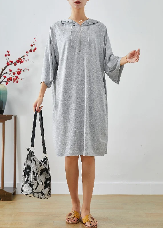 Handmade Grey Hooded Oversized Cotton Sweatshirt Dress Summer Relaxed Fit Shirt