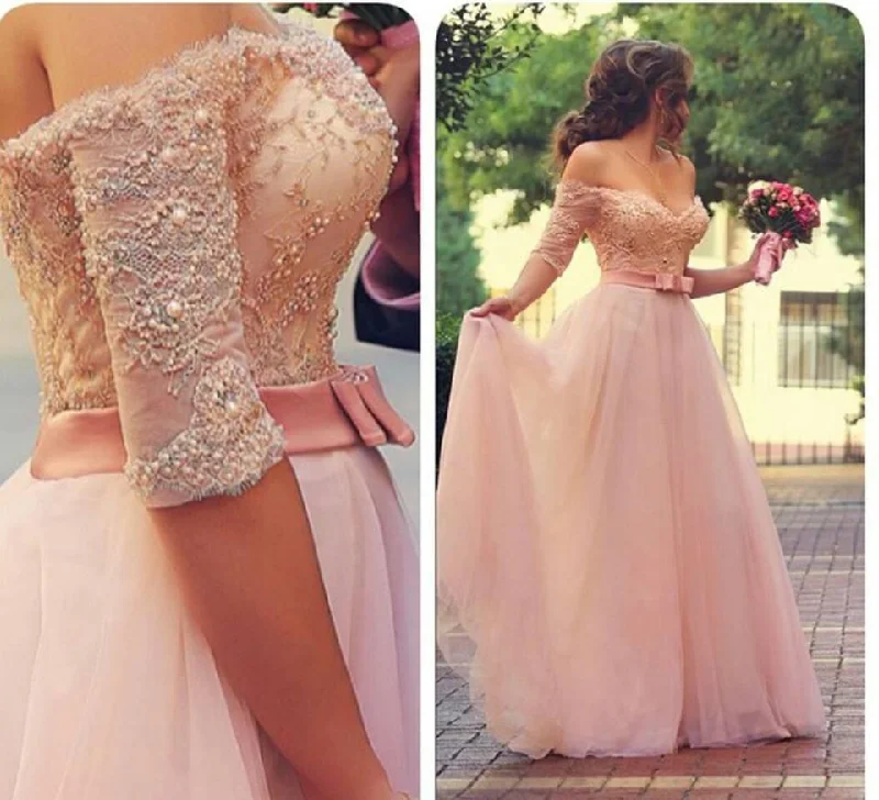 Lovely Princess Beadings Tulle Half Sleeves Long Prom Dress-319509 Formal Tulle Dress Lovely Princess Beadings Tulle Half Sleeves Long Prom Dress-319509 Formal Tulle Dress