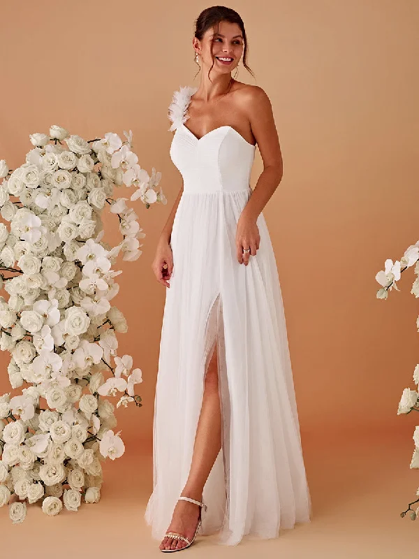Pleated Backless One Shoulder Split Tulle Wholesale Bridesmaid Dresses Pink Tulle Gown Pleated Backless One Shoulder Split Tulle Wholesale Bridesmaid Dresses Pink Tulle Gown