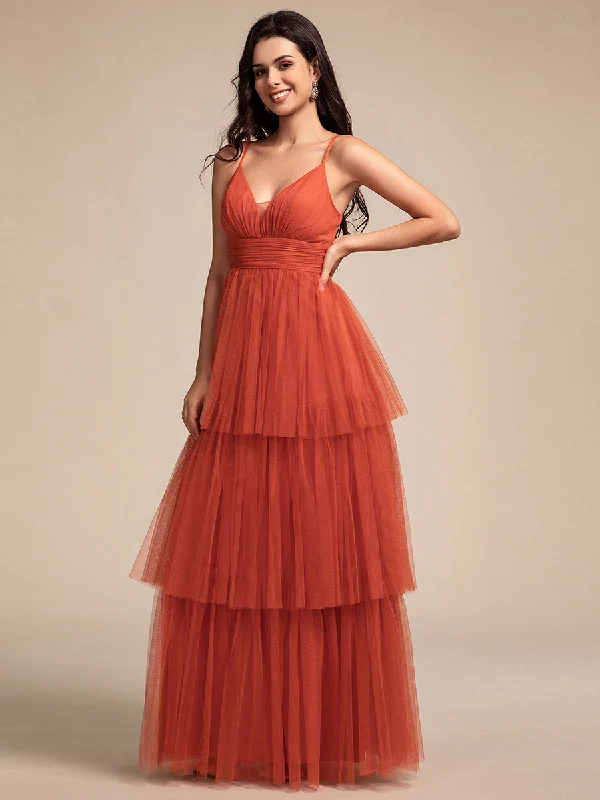 Romantic V Neck See-Through Cake pleated Bridesmaid Tulle Dresses Tulle Cocktail Dress