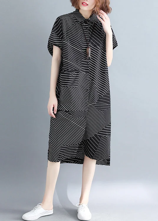 Stylish Black Peter Pan Collar low high design Striped Shirt Dresses Short Sleeve Stretch Shirt Dress Stylish Black Peter Pan Collar low high design Striped Shirt Dresses Short Sleeve Stretch Shirt Dress