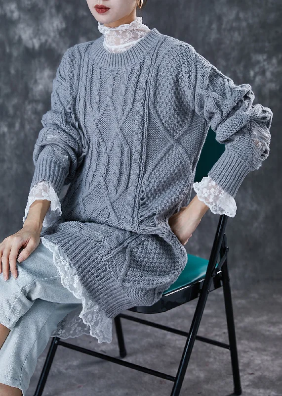 Elegant Grey Hollow Out Knit Ripped Sweater Dress Winter Long Sleeve Sweater