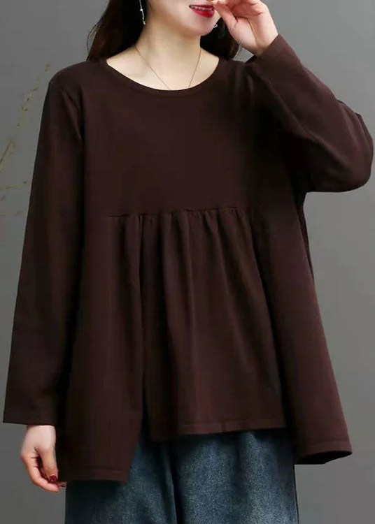 French Chocolate O-Neck asymmetrical design Fall Knit Sweater Cozy Dress Sweater