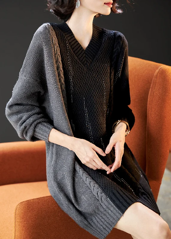 Handmade Colorblock V Neck Patchwork Knit Long Sweater Winter Knitted Sweater Gown