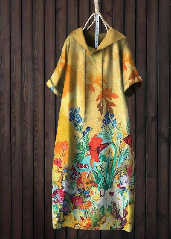 Women Yellow Hooded Print Patchwork Cotton T Shirt Dress Summer Modern Shirt Dress