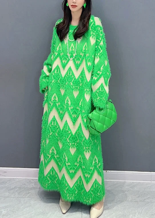 Green Patchwork Teddy Knit Sweater Dress O Neck Long Sleeve Ribbed Knit Sweater