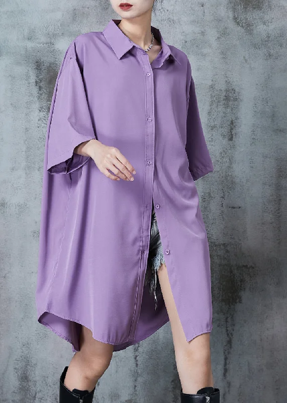 Purple Comfotable Cotton Shirt Dress Oversized Summer Layered Shirt Dress