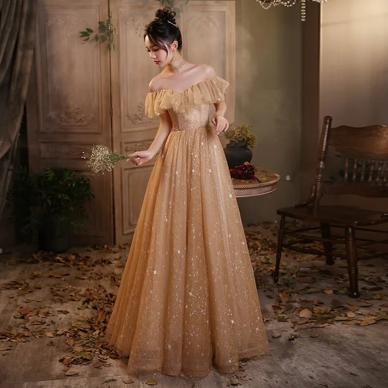 Intriguing Gold Tulle A-Line Evening Dress EV1022 Tulle Dress Flare