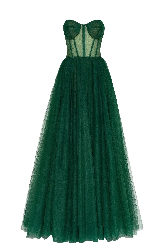 Emerald Green Tulle Maxi Dress with a Corset Bustier Tulle Skirt Dress