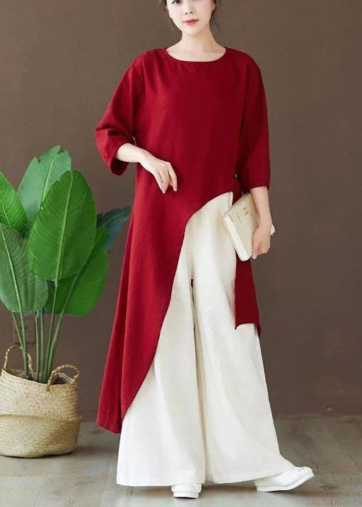 Simple Burgundy Tops Women Blouses O Neck Asymmetric Shirts Casual Shirt Dress