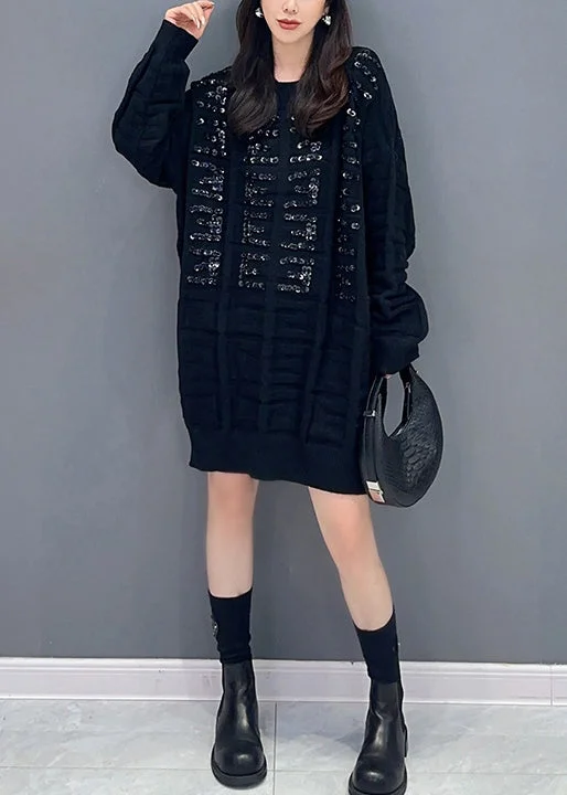 Black Patchwork Knitted Sweaters Dress O Neck Zircon Fall Sweater Dress Look