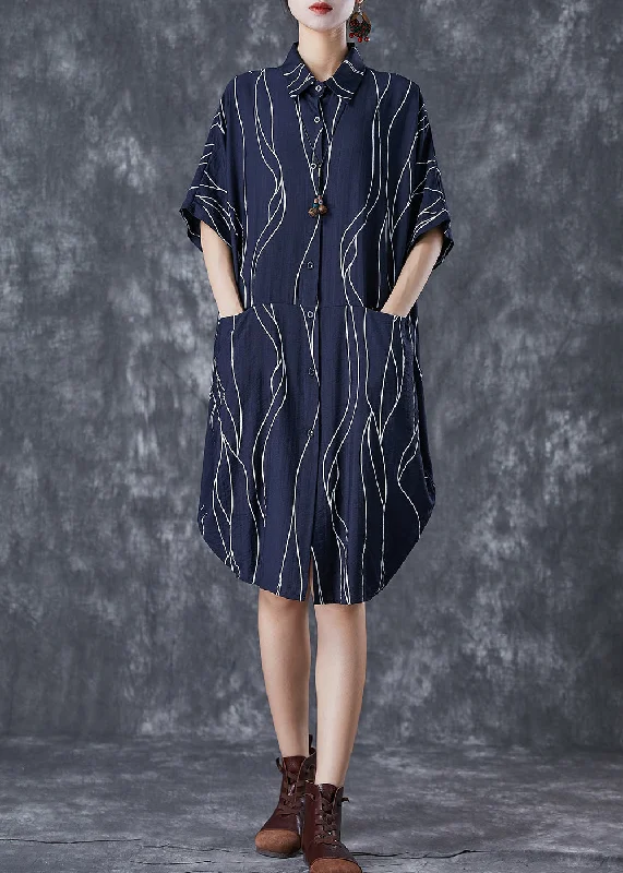 Navy Patchwork Cotton Shirt Dress Oversized Striped Summer Wrap Shirt Dress