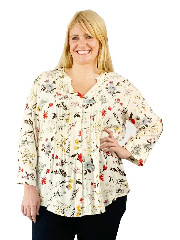 Pleat Front Printed Rayon Top - Plus Size Plus Size Mesh
