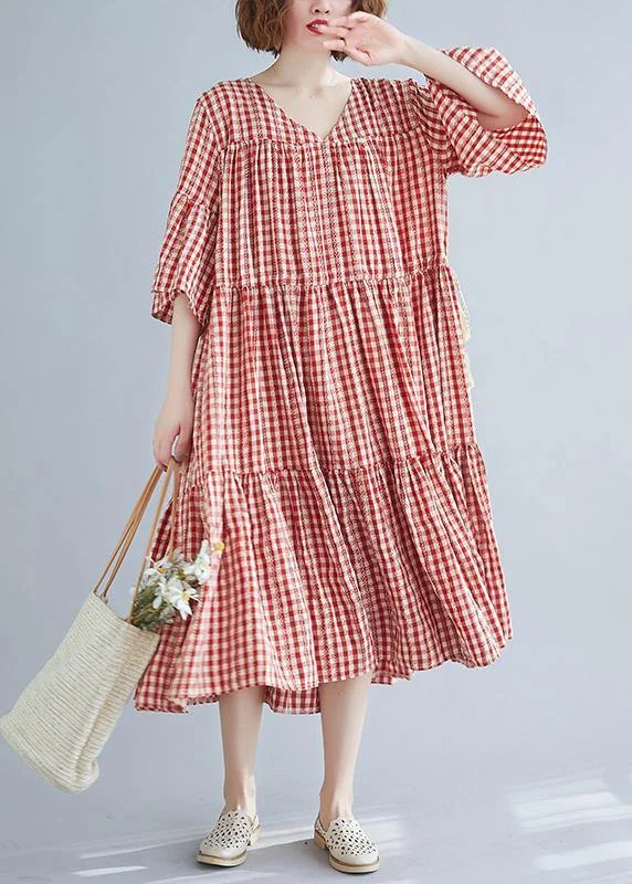 Natural red plaid cotton Long Shirts v neck Cinched Robe summer Dresses V-neck Shirt Dress Natural red plaid cotton Long Shirts v neck Cinched Robe summer Dresses V-neck Shirt Dress