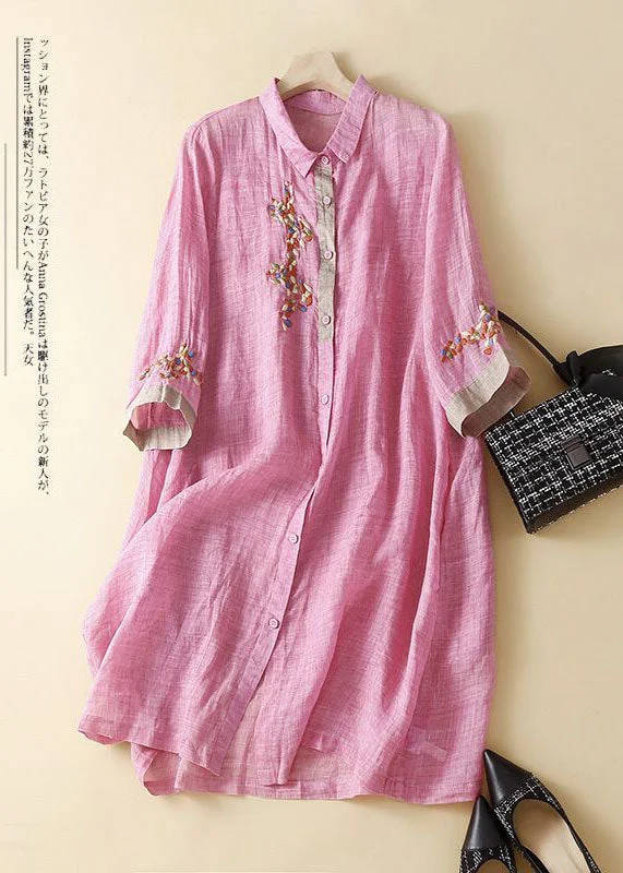 Fashion Pink Embroideried Patchwork Linen Shirt Dress Summer Casual Shirt Dress