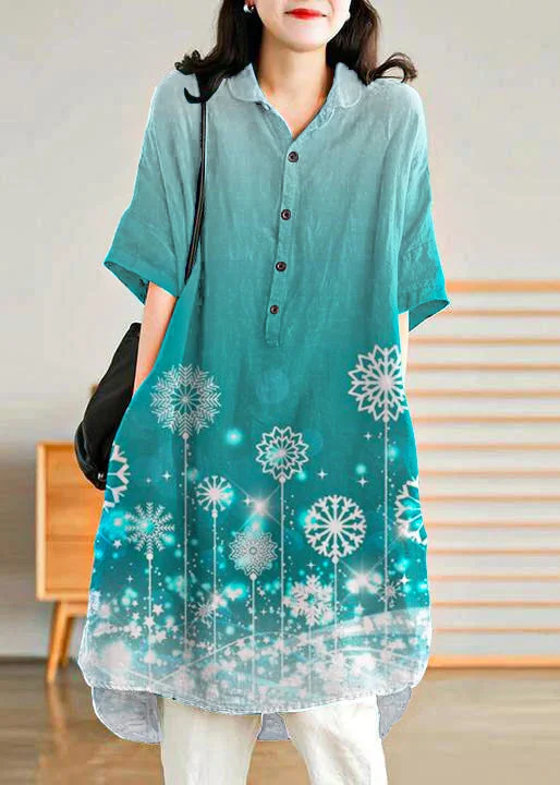 Jade blue-snowflake Linen Women Casual Linen Shirt Dress Classic Shirt Dress