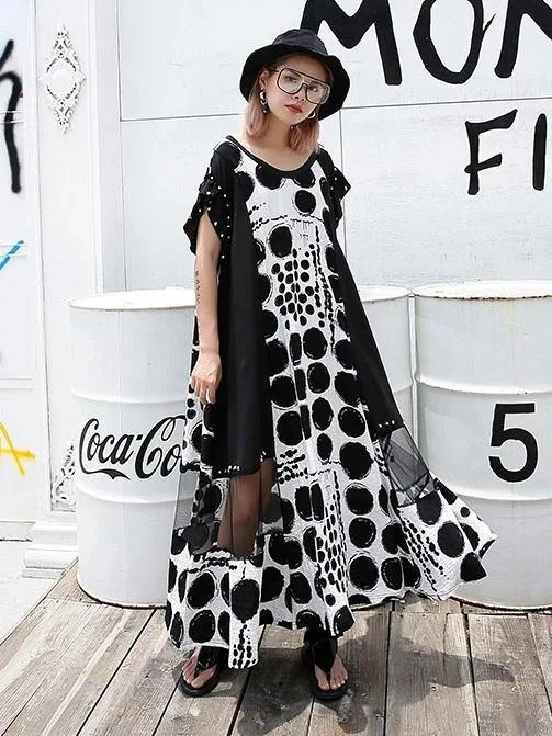 Vivid black dotted cotton Long Shirts o neck patchwork Maxi Dresses Elegant Button Shirt