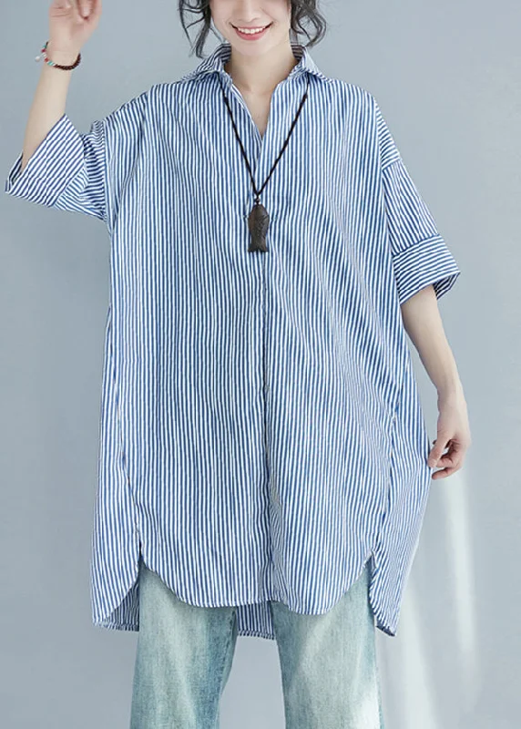 Blue Striped Cotton Shirt Dress Oversized Side Open Summer Office Shirt Dress