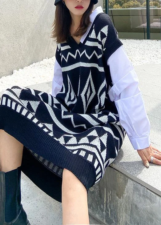 Vintage black Geometric Sweater Wardrobes Beautiful v neck DIY sweater dress Fitted Knit Sweater Vintage black Geometric Sweater Wardrobes Beautiful v neck DIY sweater dress Fitted Knit Sweater
