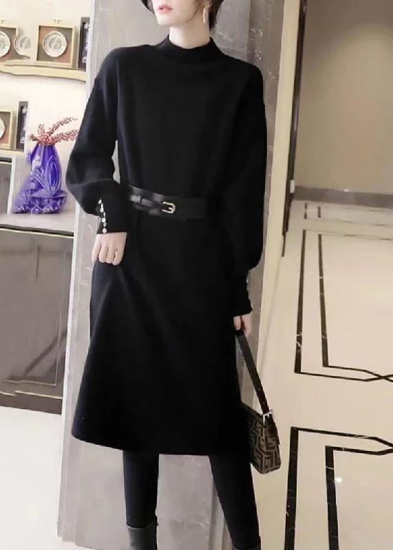 Elegant Black Stand Collar Tie Waist Patchwork Knit Sweater Dress Fall Chunky Knit Dress Elegant Black Stand Collar Tie Waist Patchwork Knit Sweater Dress Fall Chunky Knit Dress