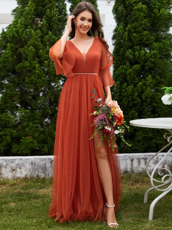 Romantic Long Lantern Sleeves Split Tulle Bridesmaid Dresses with Chain Empire Waist Tulle Skirt Dress Romantic Long Lantern Sleeves Split Tulle Bridesmaid Dresses with Chain Empire Waist Tulle Skirt Dress