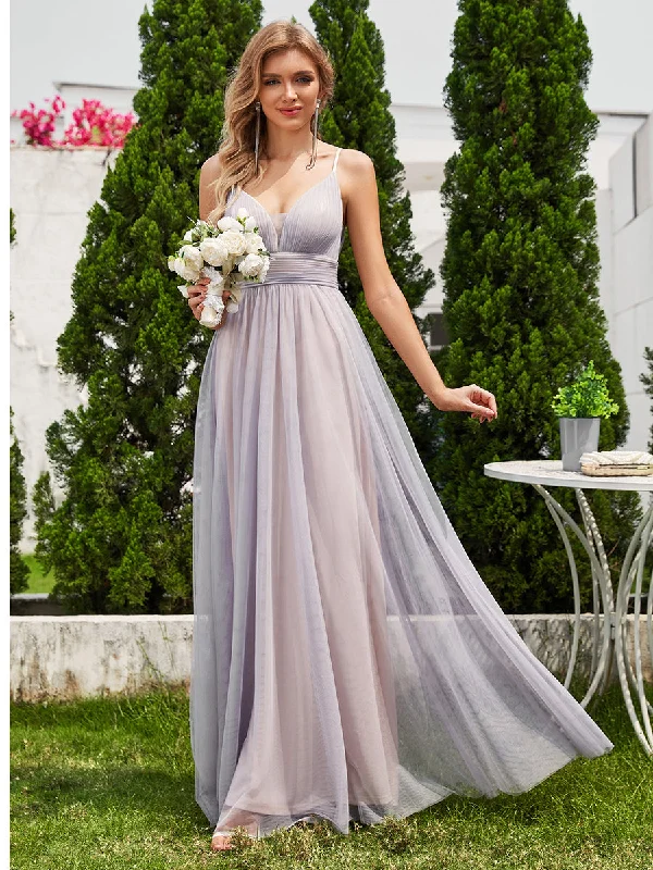 Simple Deep V Neck See-Through Empire Waist Tulle Dresses Spaghetti Straps Backless A-Line Bridesmaids Dress Tulle Dress Design Simple Deep V Neck See-Through Empire Waist Tulle Dresses Spaghetti Straps Backless A-Line Bridesmaids Dress Tulle Dress Design