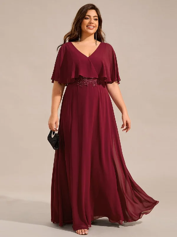 Plus Size Chiffon Formal Maxi Dress with Batwing Sleeves Plus Size Ruffles