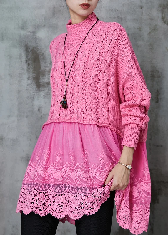 Modern Pink Oversized Patchwork Knit Long Sweater Spring Wool Sweater Dress