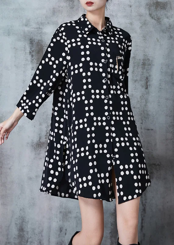 Fitted Black Dot Tasseled Cotton Long Shirt Summer Pleated Shirt Gown