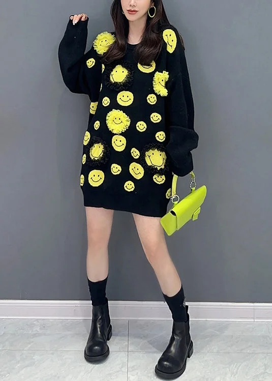 Black Patchwork Knit Sweater Mid Dress Ruffled O Neck Fall Comfortable Sweater Dress Black Patchwork Knit Sweater Mid Dress Ruffled O Neck Fall Comfortable Sweater Dress