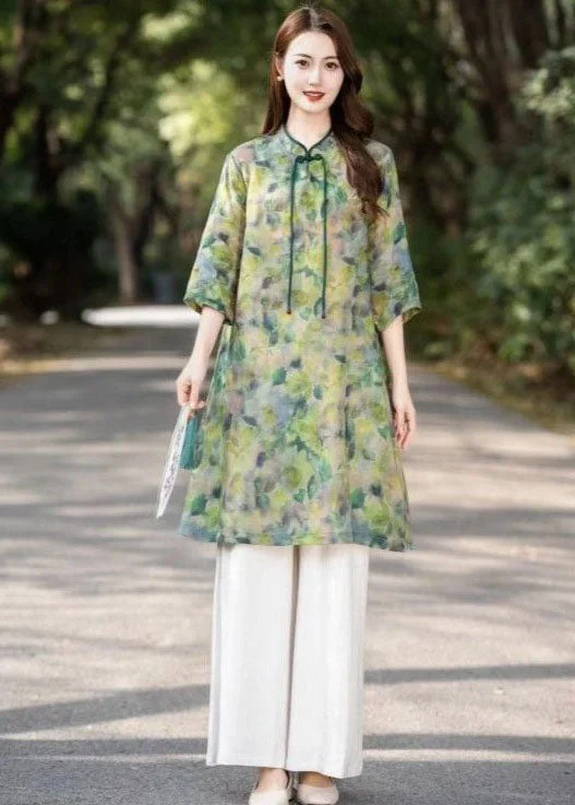 Green Print Patchwork Linen Shirts Dress Stand Collar Bracelet Sleeve Button Front Shirt Green Print Patchwork Linen Shirts Dress Stand Collar Bracelet Sleeve Button Front Shirt