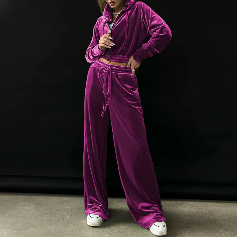 Women's Velour Short Length Hoodie And Matching Wide Leg Trousers Relaxed Fit Hoodie