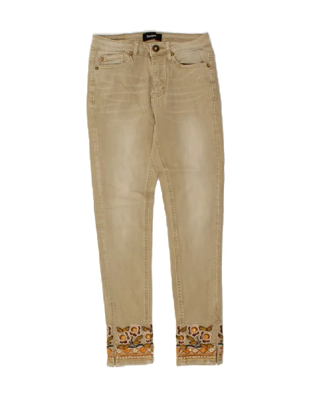 DESIGUAL Womens Slim Jeans W26 L25 Beige Floral Cotton
