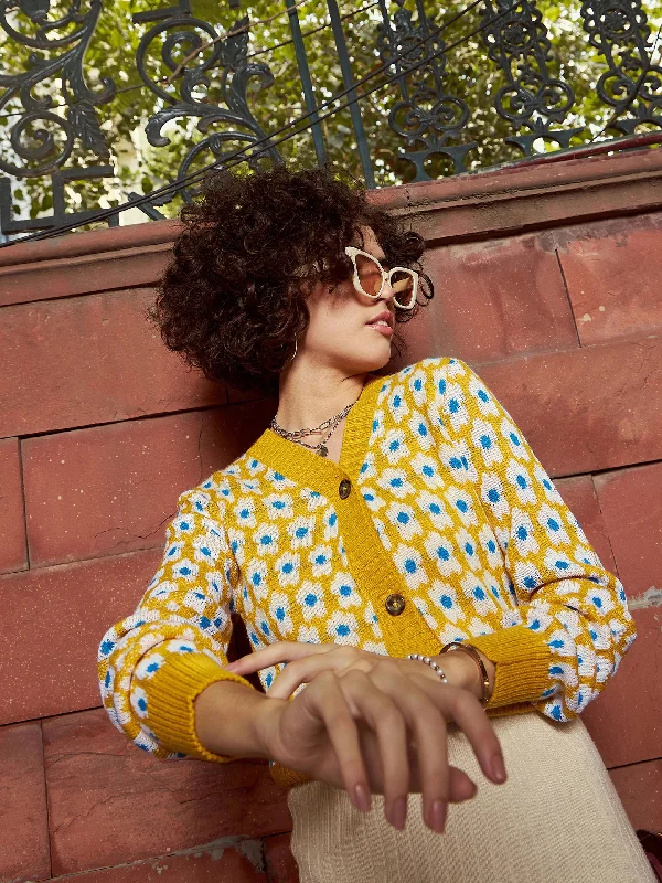 Women Mustard Floral Front Open Wool Cardigan Cotton Hoodie Sweatshirt