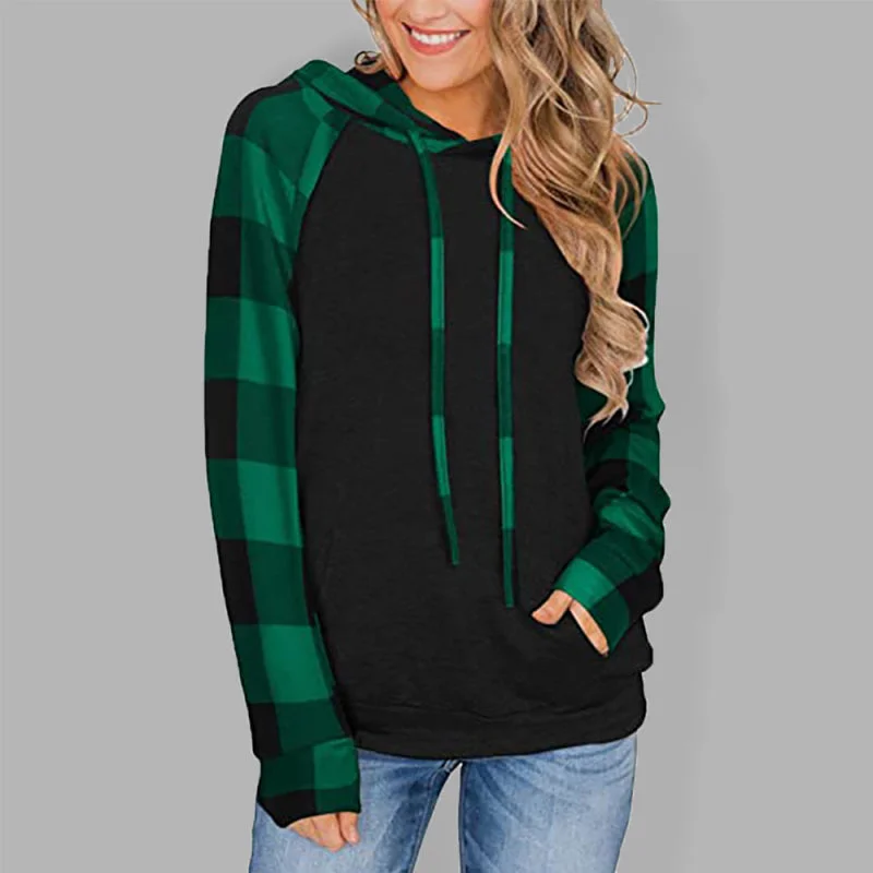 Women's Black Hoodie With Plaid Print Long Sleeves Pullover Hoodie Sweatshirt Trend