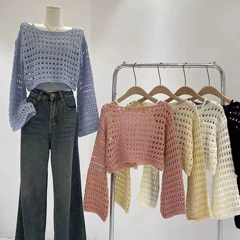 2024 Spring and Summer New French Short Long Sleeve Hollow Sweater Women's Design Sense Thin Type Sunscreen Smock Top Gucci sweaters 2024 Spring and Summer New French Short Long Sleeve Hollow Sweater Women's Design Sense Thin Type Sunscreen Smock Top Gucci sweaters