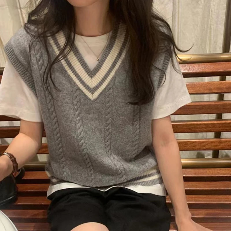 EVNISI Women Patchwork V-neck Knit Sweater Vest Sleeveless Rib Preppy Style Pullover Casual Sweater Vest For Women 2023 Autumn Best sweaters for winter EVNISI Women Patchwork V-neck Knit Sweater Vest Sleeveless Rib Preppy Style Pullover Casual Sweater Vest For Women 2023 Autumn Best sweaters for winter