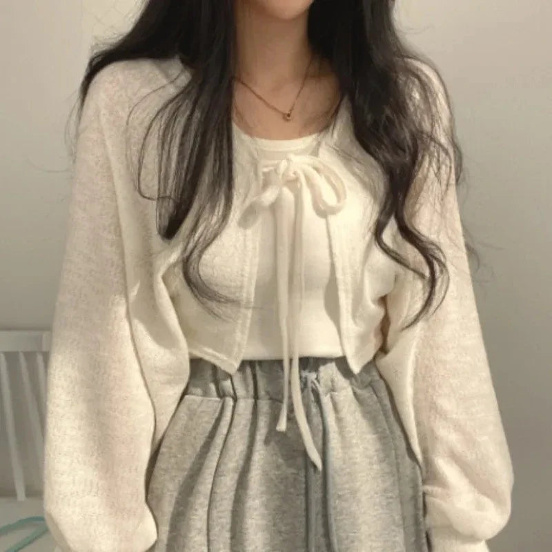 Thin White Cardigan Women Summer Sunscreen Lace-up Knitwear Tops Lady Korean Style Casual Lantern Sleeve Short Sun Protected Top Crewneck sweaters Thin White Cardigan Women Summer Sunscreen Lace-up Knitwear Tops Lady Korean Style Casual Lantern Sleeve Short Sun Protected Top Crewneck sweaters