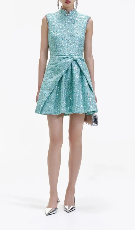 BLUE BOUCLE GATHERED MINI DRESS Halter mini dresses