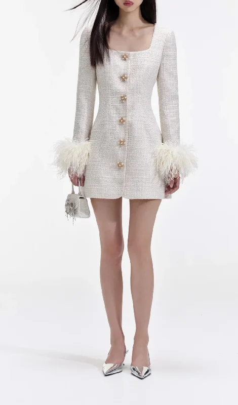CREAM BOUCLE FEATHER MINI DRESS Best mini dresses for petites
