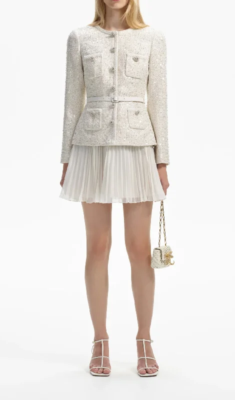 CREAM SEQUIN BOUCLE TAILORED MINI DRESS Stretchy mini dresses