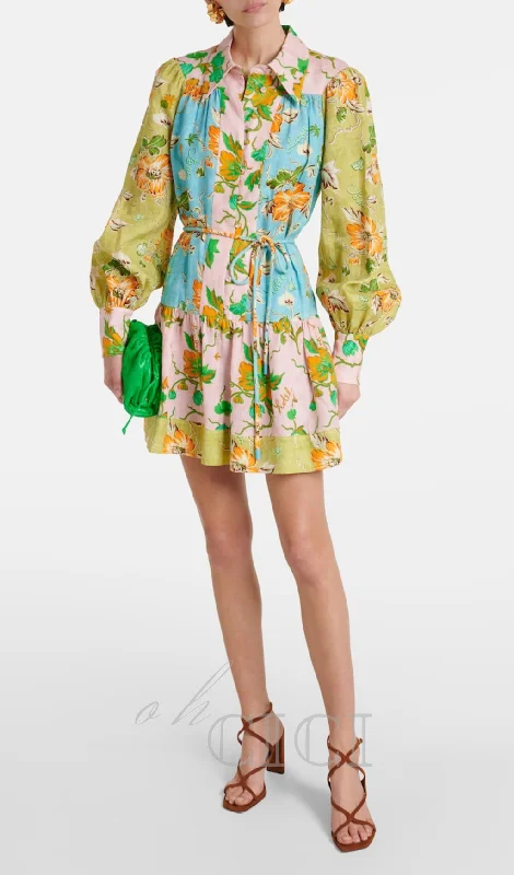 DONNA PRINTED COLORBLOCKED LINEN SHIRT DRESS Lace mini dresses