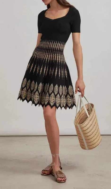ELEANORE BLACK GEOMETRIC JACQUARD FLARE MINI DRESS Women's trendy mini dresses sale
