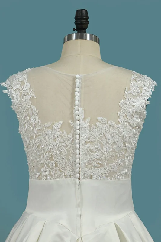 A Line Satin Scoop Wedding Dresses With Applique Asymmetrical Lace Back Wedding